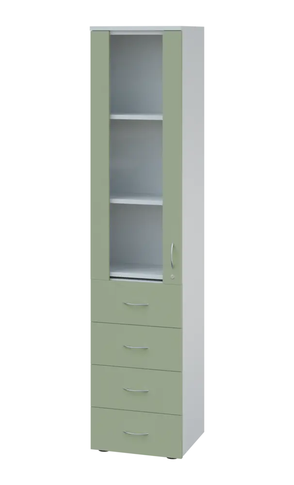 LE - 44 skříň léková prosklená, levá, korpus bílý, dvířka šedo-zelinkavá